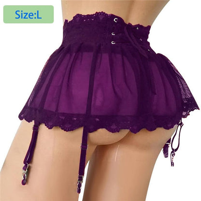 Kinky Cloth purple-L Lace Garter Belt Mesh Skirts