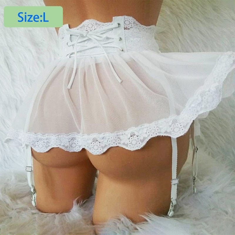 Kinky Cloth white-L Lace Garter Belt Mesh Skirts