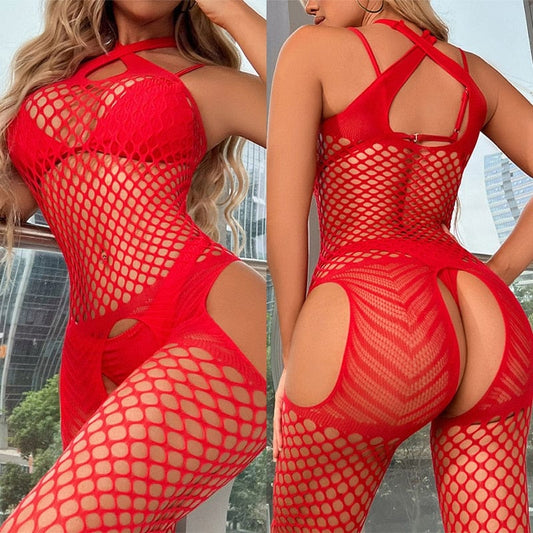 Kinky Cloth Red / One Size Open Crotch Mesh Bodystocking