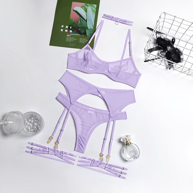 Kinky Cloth light purple / S Transparent Mesh Lingerie 4-Piece Set