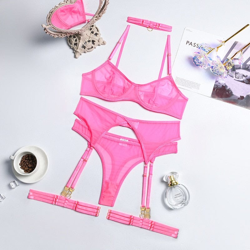 Kinky Cloth neon pink / S Transparent Mesh Lingerie 4-Piece Set