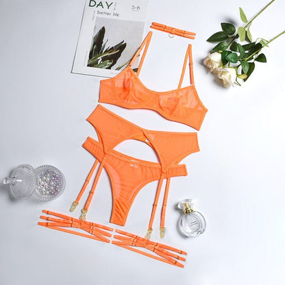 Kinky Cloth Orange / S Transparent Mesh Lingerie 4-Piece Set