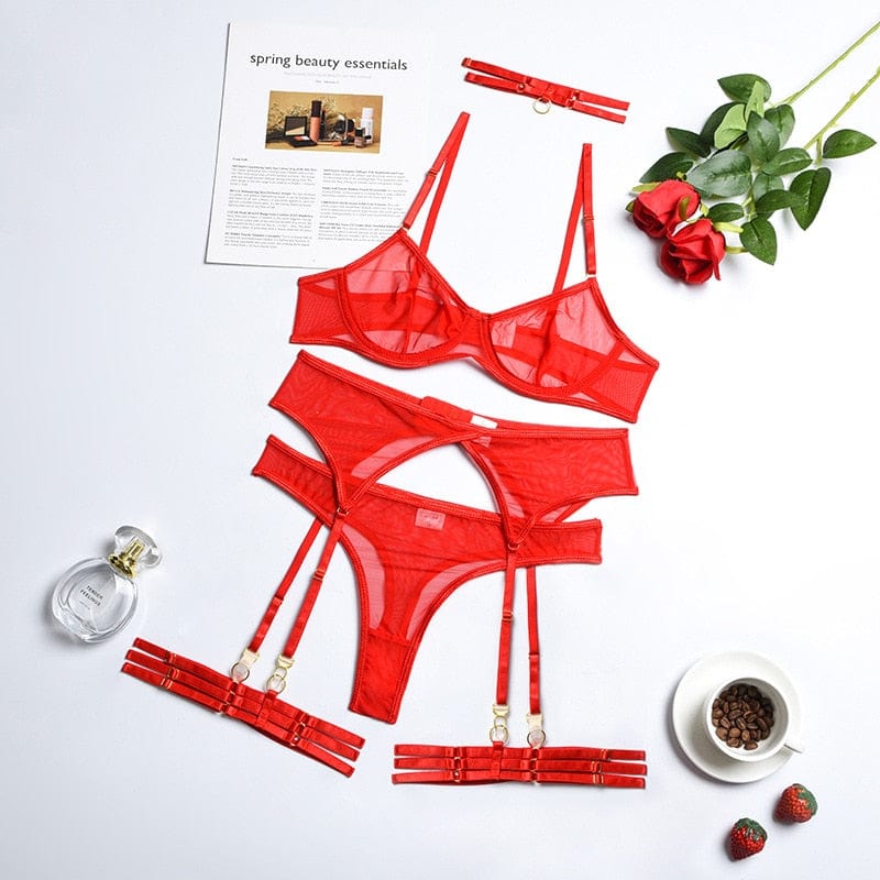 Kinky Cloth Red / S Transparent Mesh Lingerie 4-Piece Set