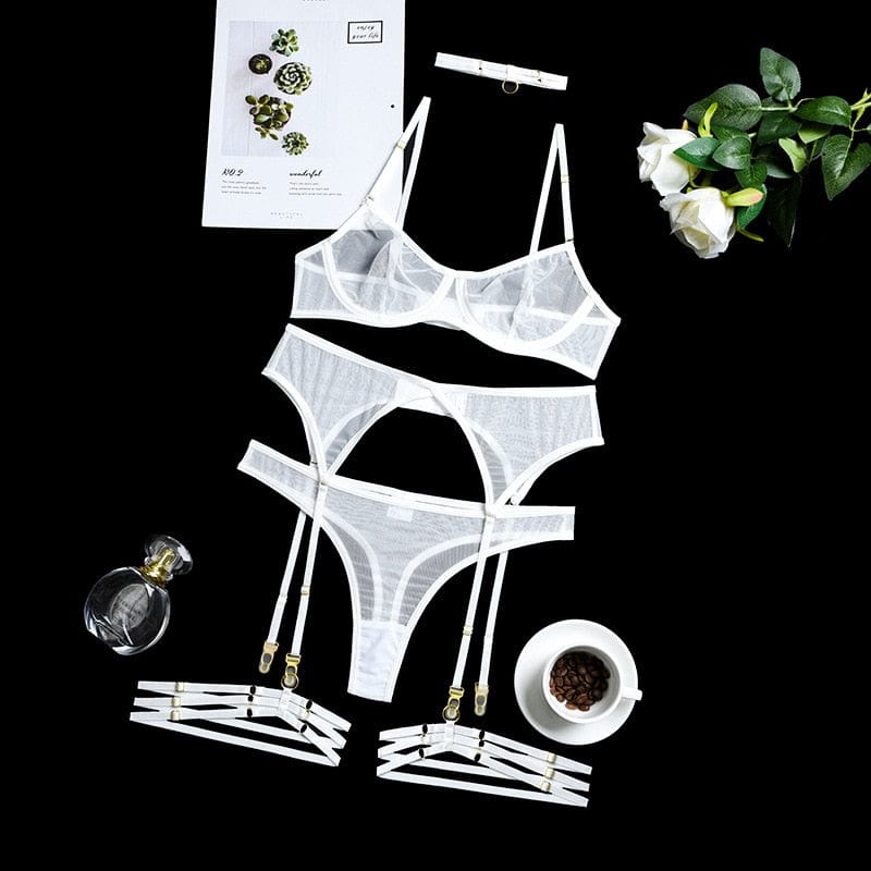 Kinky Cloth White / S Transparent Mesh Lingerie 4-Piece Set