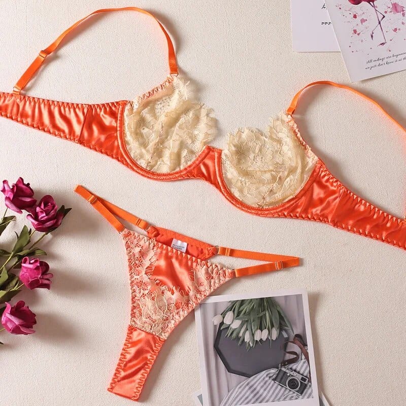 Kinky Cloth Orange / S 2-Piece Contrast Colors Lace Lingerie Set
