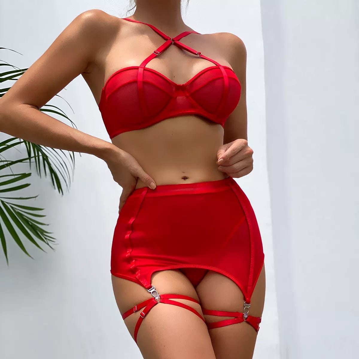 Kinky Cloth Red / S 3-Piece Back Open Lingerie Set