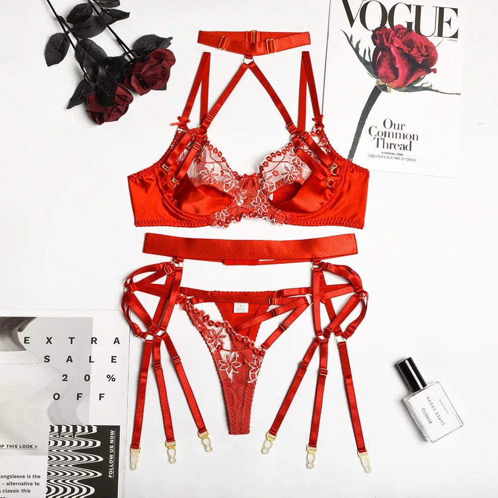 Kinky Cloth red / S 3-Piece Bandage Lace Lingerie Set