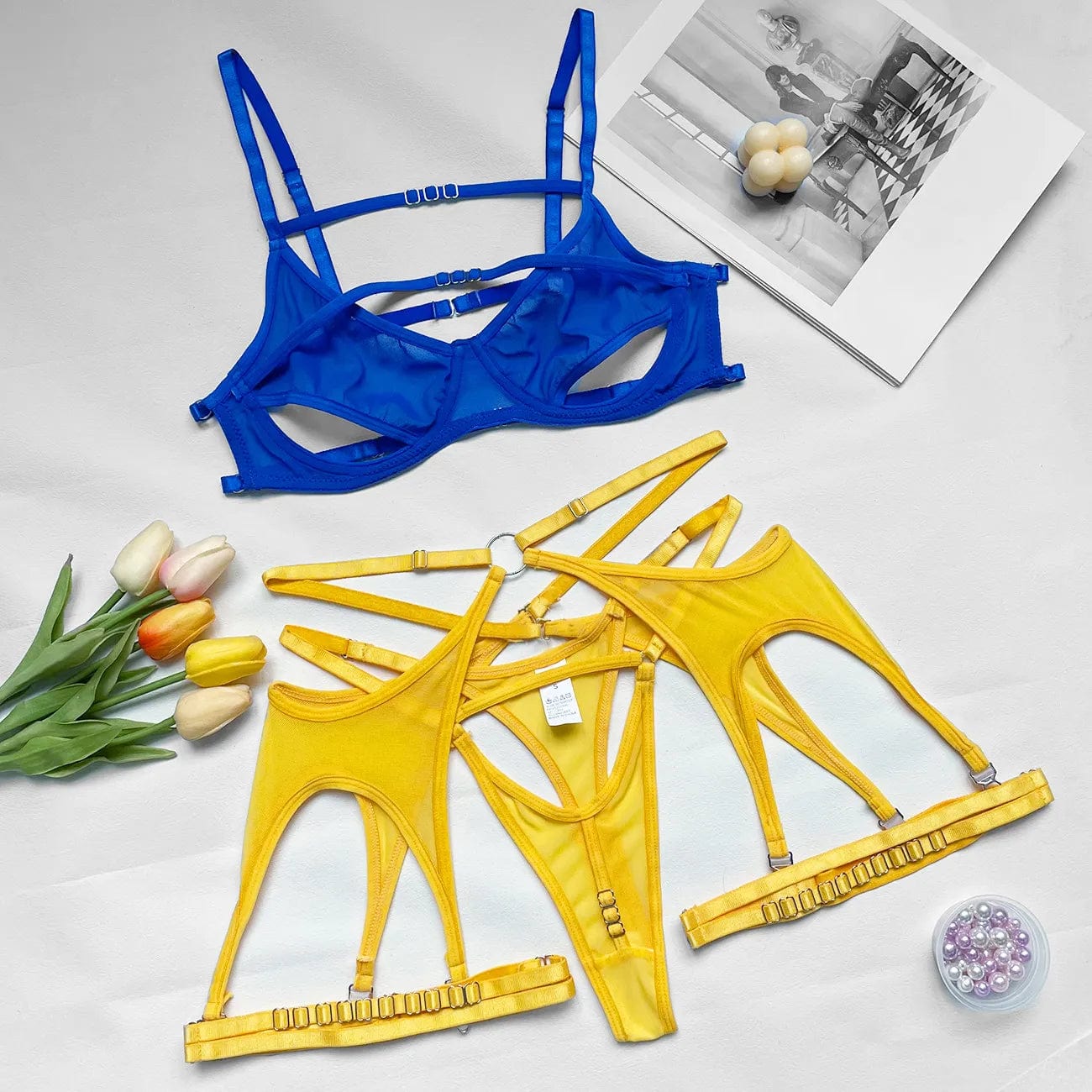 Kinky Cloth Blue yellow / S 3-Piece Contrast Color Lingerie Set