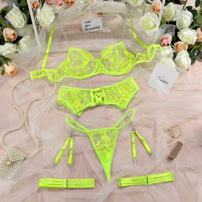 Kinky Cloth Neon Green / L 3-Piece Embroidery Lingerie Set