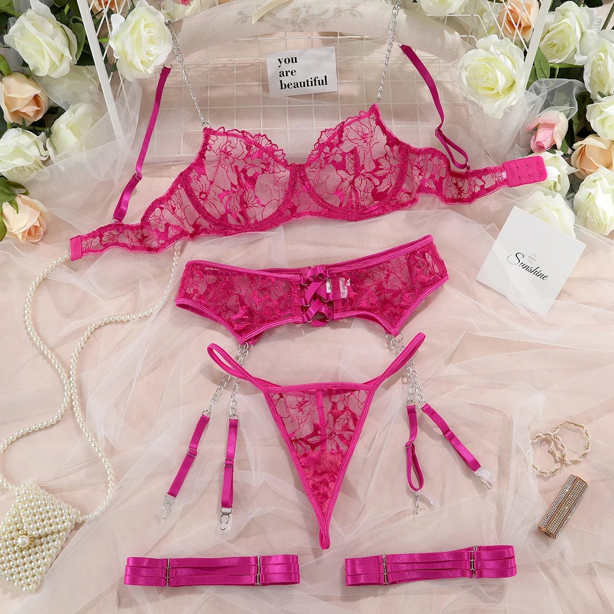 Kinky Cloth Rose Red / L 3-Piece Embroidery Lingerie Set