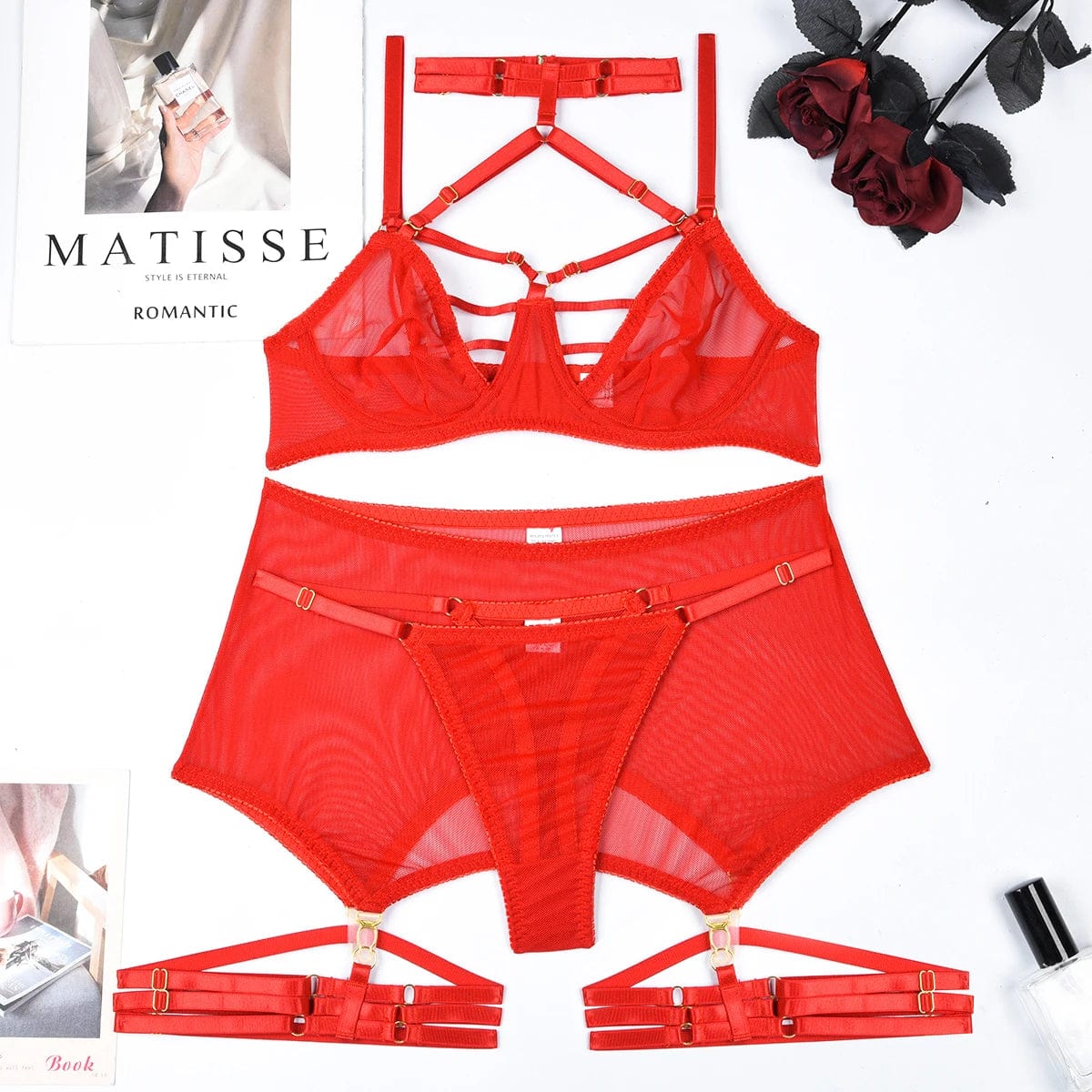 Kinky Cloth Red / S 3-Piece Halter Mesh Lingerie Set