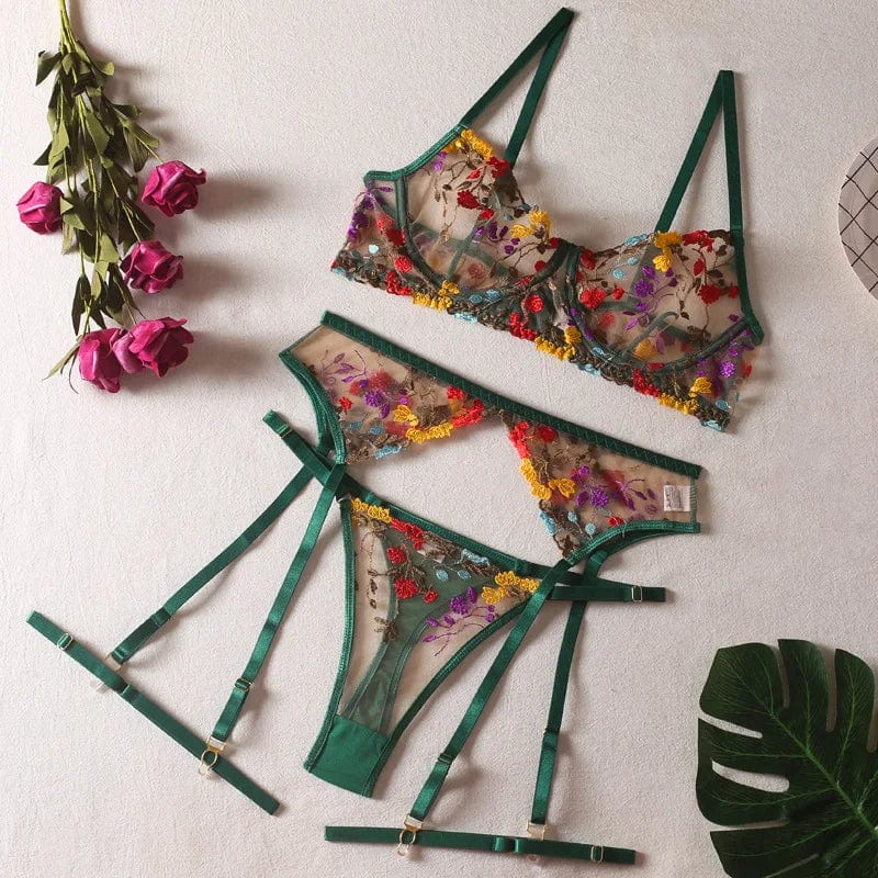 Kinky Cloth Green / S 3-Piece Transparent Floral Lace Bra Set