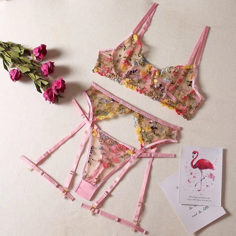 Kinky Cloth Pink / S 3-Piece Transparent Floral Lace Bra Set