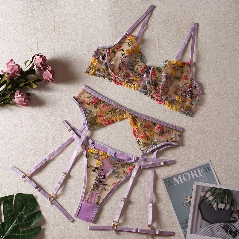 Kinky Cloth Purple / S 3-Piece Transparent Floral Lace Bra Set