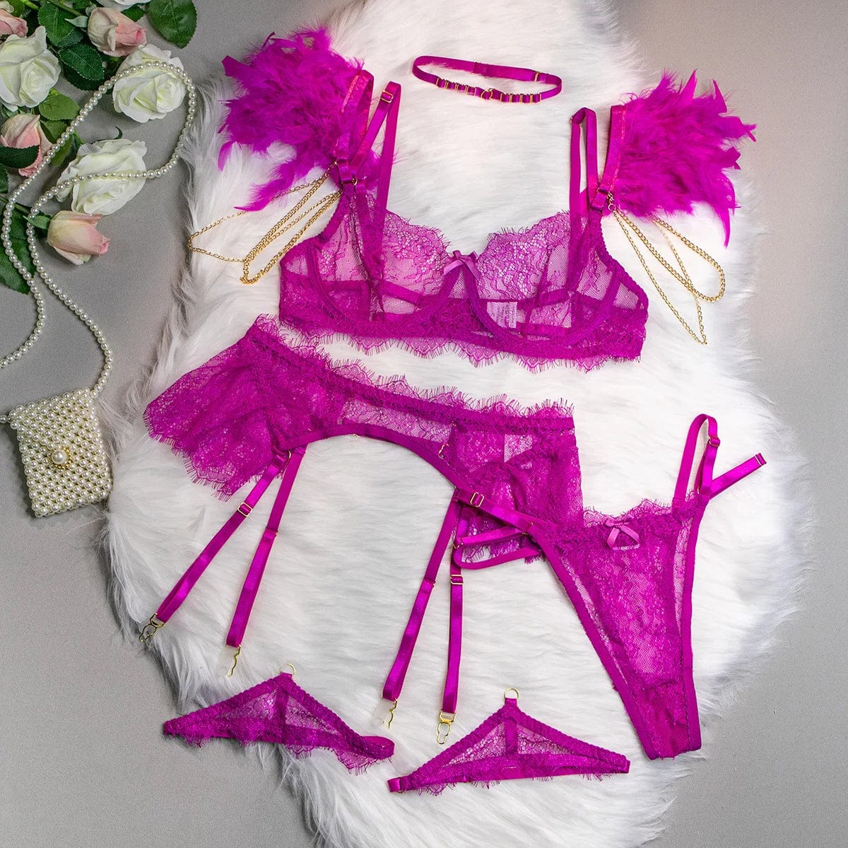 Kinky Cloth rose red / S 4-piece Feather Lingerie Set