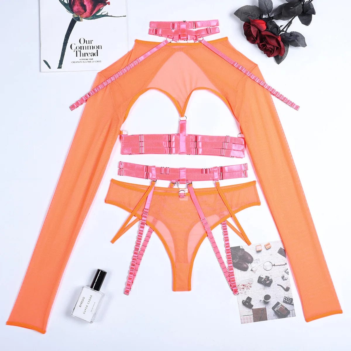 Kinky Cloth Orange pink / S 4-Piece Gothic Lingerie Set