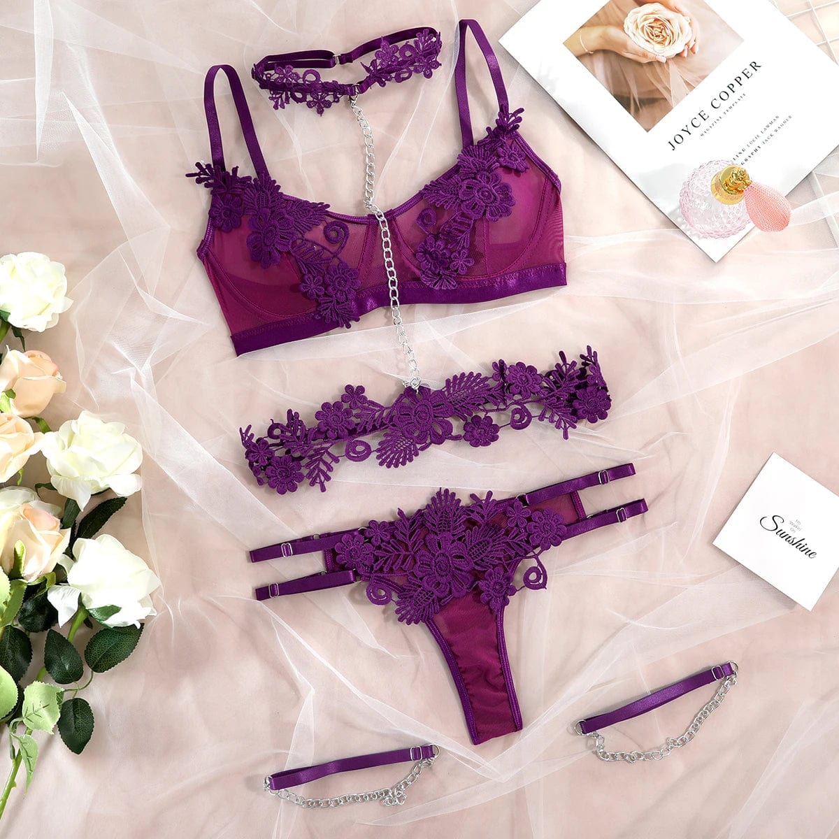 Kinky Cloth purple / S 4-Piece Lace Chain Lingerie Set
