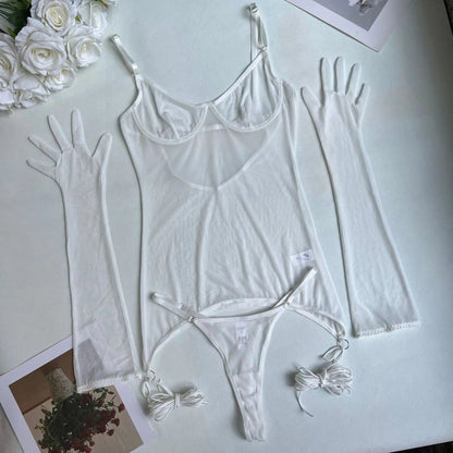 Kinky Cloth white / S 4-Piece Sheer Backless Lingerie Set