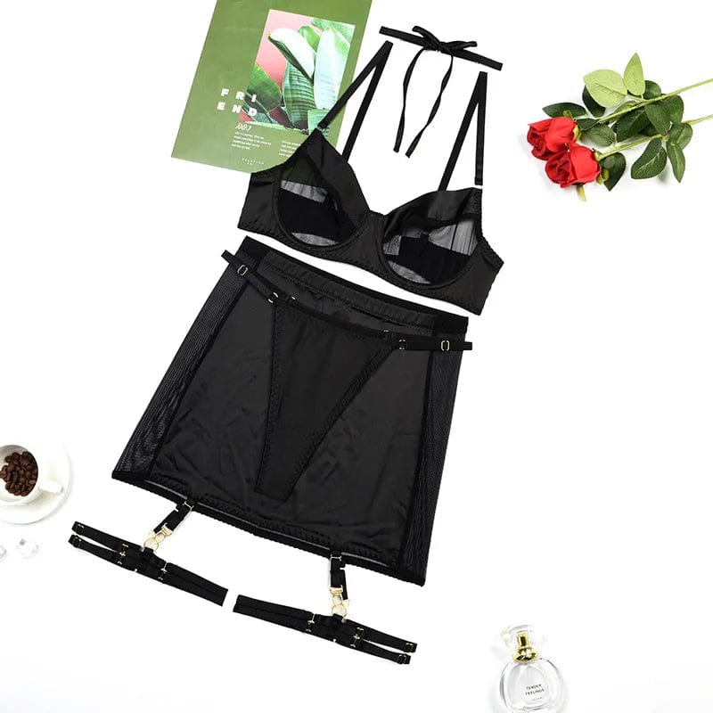 Kinky Cloth Black / S 5-Piece Bow Tie Mesh Lingerie Set