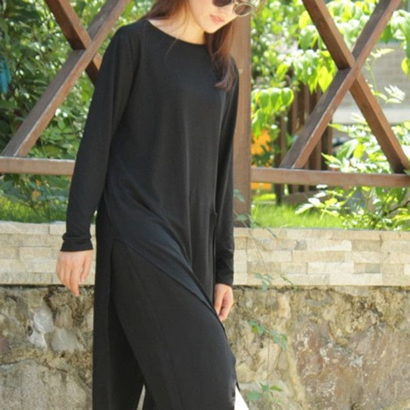 Kinky Cloth Black long sleeve / One Size Asymmetrical Vent Long T-Shirt