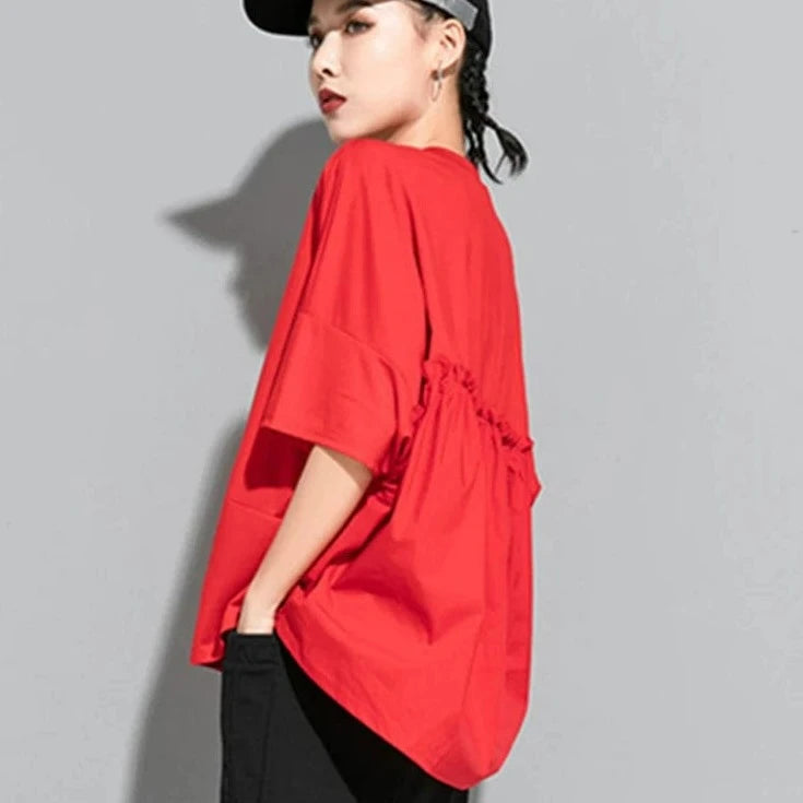 Kinky Cloth red / One Size Back Ruffles Split Loose T-shirt