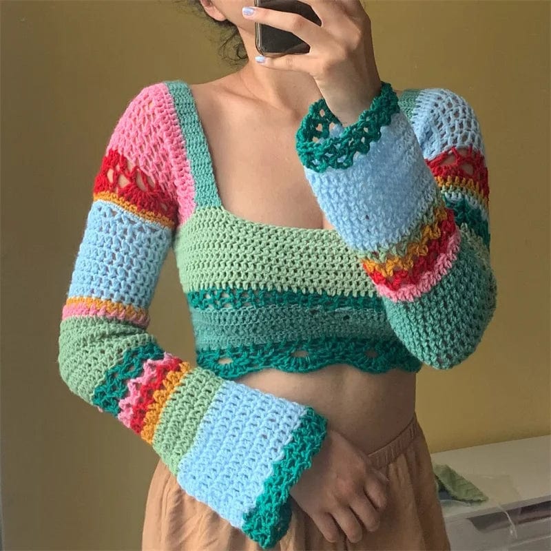 Kinky Cloth Blue / S Bell Sleeve Crochet Crop Top