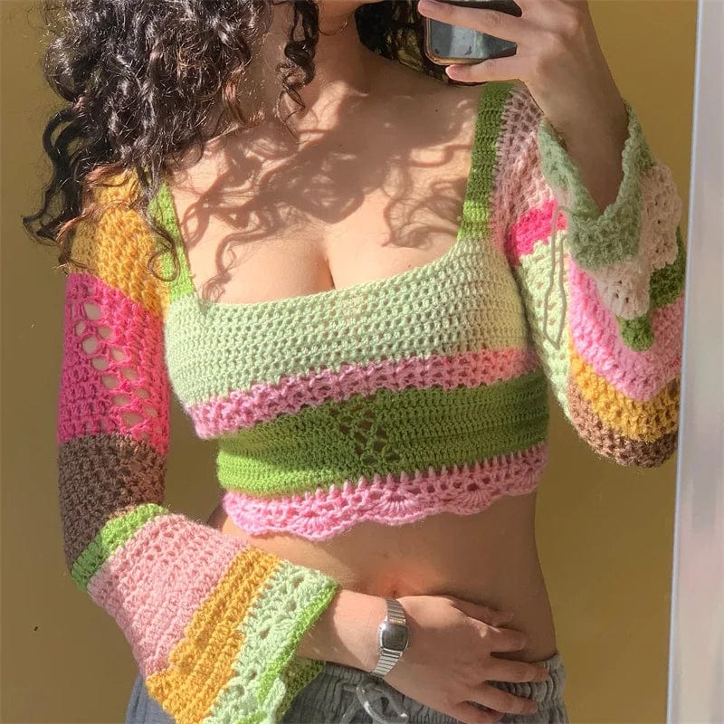 Kinky Cloth Green / S Bell Sleeve Crochet Crop Top