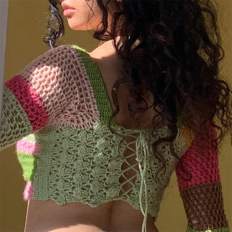 Kinky Cloth Bell Sleeve Crochet Crop Top