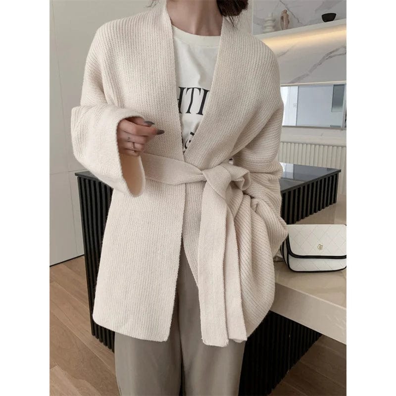 Kinky Cloth Apricot / One Size Belted Knit Cardigan Sweater