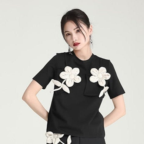 Kinky Cloth Black Flower Spliced T-shirt
