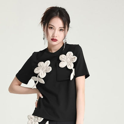 Black Flower Spliced T-shirt