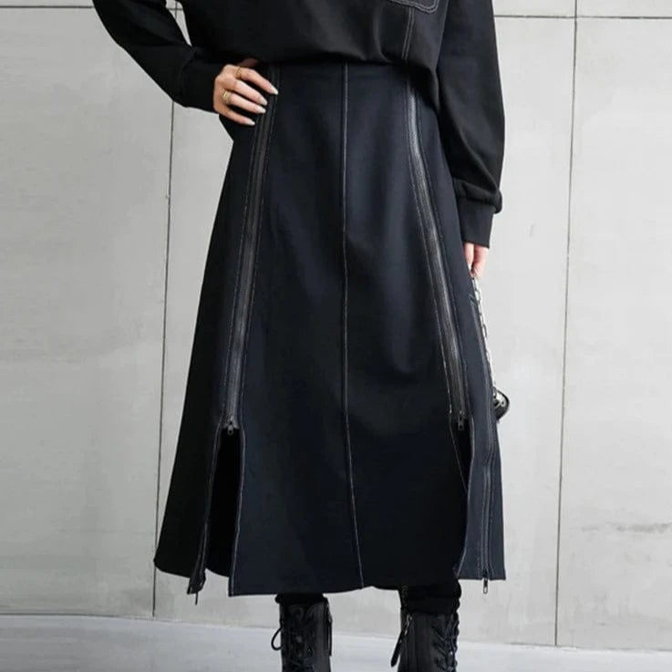 Kinky Cloth Black / M Black Zipper Irregular Long Skirt