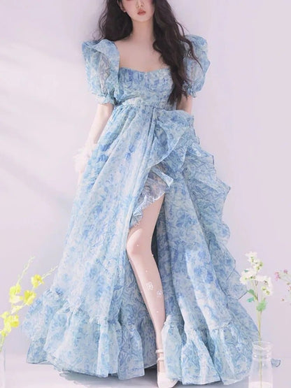 Kinky Cloth Blue / S Blue Floral Chiffon Long Dress