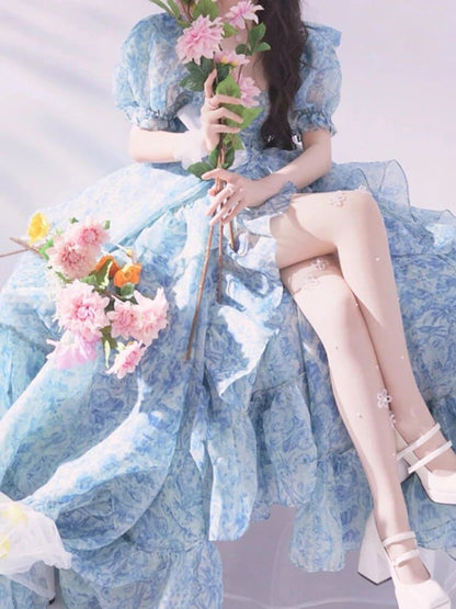 Kinky Cloth Blue Floral Chiffon Long Dress