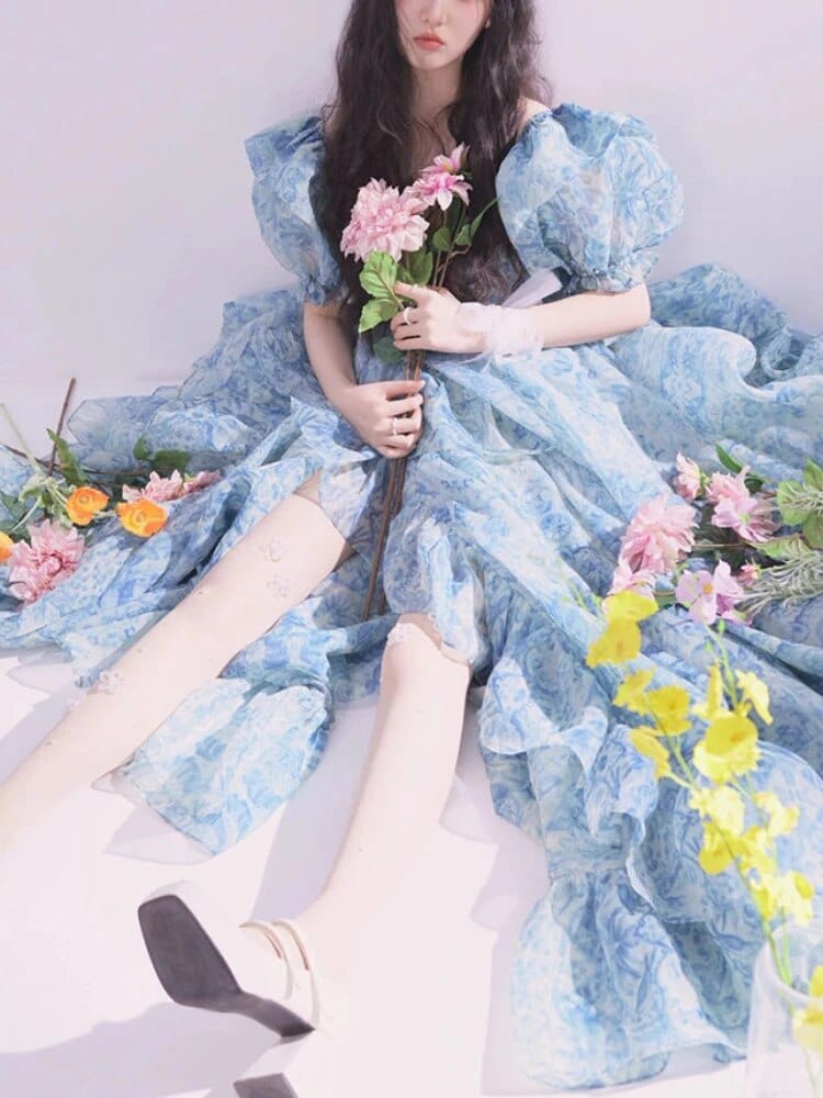 Kinky Cloth Blue Floral Chiffon Long Dress