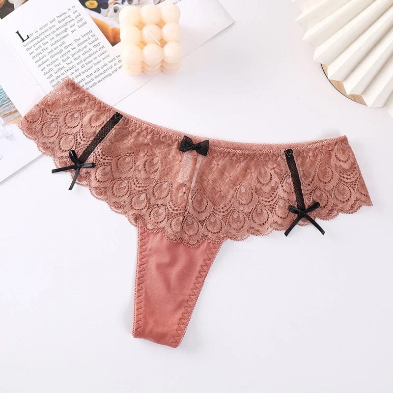 Kinky Cloth Coral red / S / 1pc Bow Lace Transparent Thong