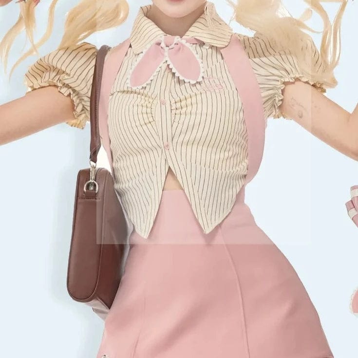 Kinky Cloth Bubble Sleeve Blouse＋Suspender Skirt