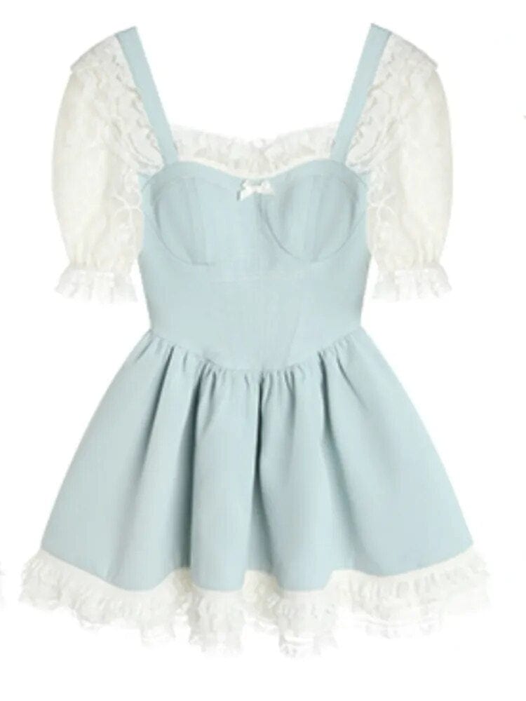 Kinky Cloth Blue Short Sleeve / S Bubble Sleeve Lace Dress