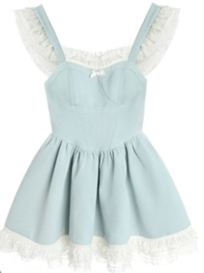 Kinky Cloth Blue Strap Dress / S Bubble Sleeve Lace Dress