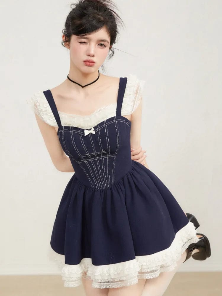 Kinky Cloth Navy Blue Strap / S Bubble Sleeve Lace Dress