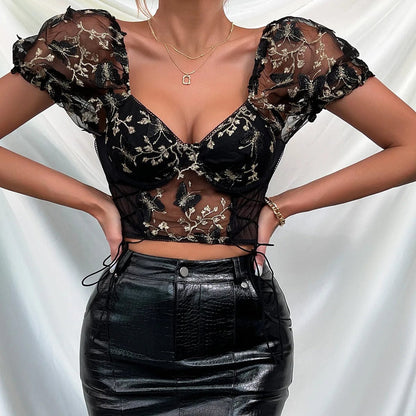 Kinky Cloth Butterfly Embroidery Cropped Top