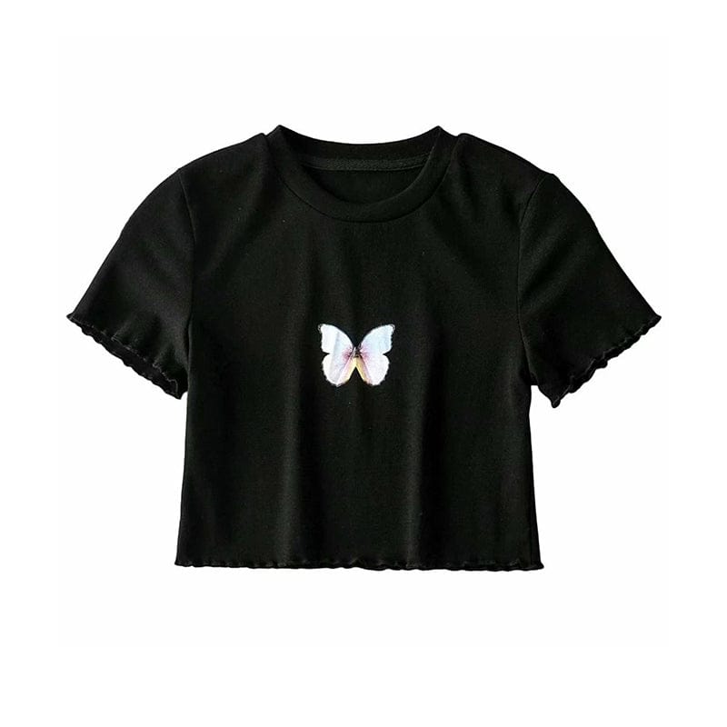 Kinky Cloth Black short sleeve / 165/80A Butterfly Printed Cropped Hip T-shirt
