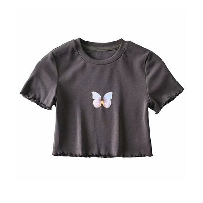 Kinky Cloth Gray short sleeve / 165/80A Butterfly Printed Cropped Hip T-shirt