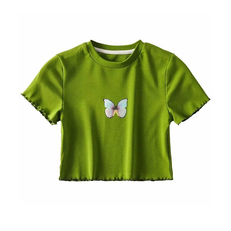 Kinky Cloth Green short sleeve / 165/80A Butterfly Printed Cropped Hip T-shirt