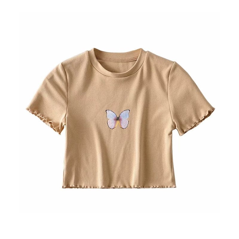 Kinky Cloth Khaki Short Sleeve / 165/80A Butterfly Printed Cropped Hip T-shirt