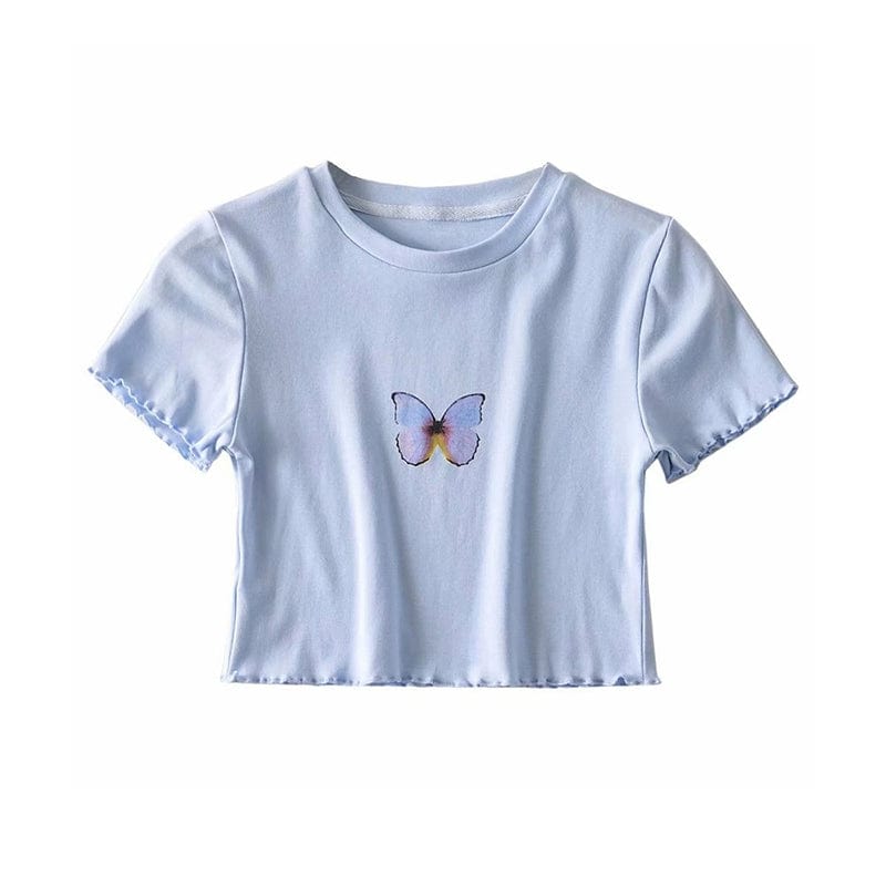 Kinky Cloth Light blue short sleeve / 165/80A Butterfly Printed Cropped Hip T-shirt
