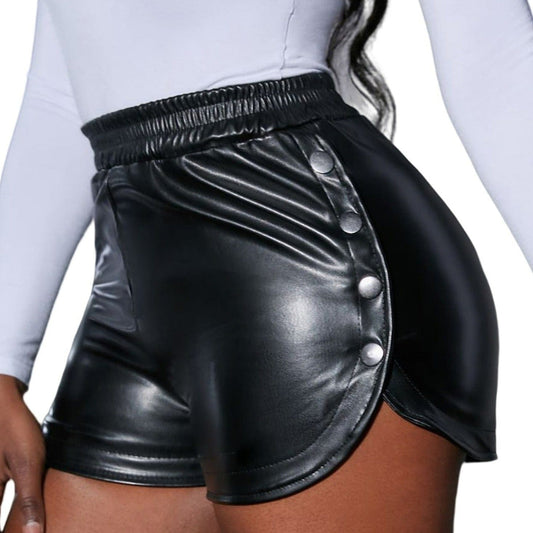 Kinky Cloth Black / S Button Side Elastic Leather Shorts