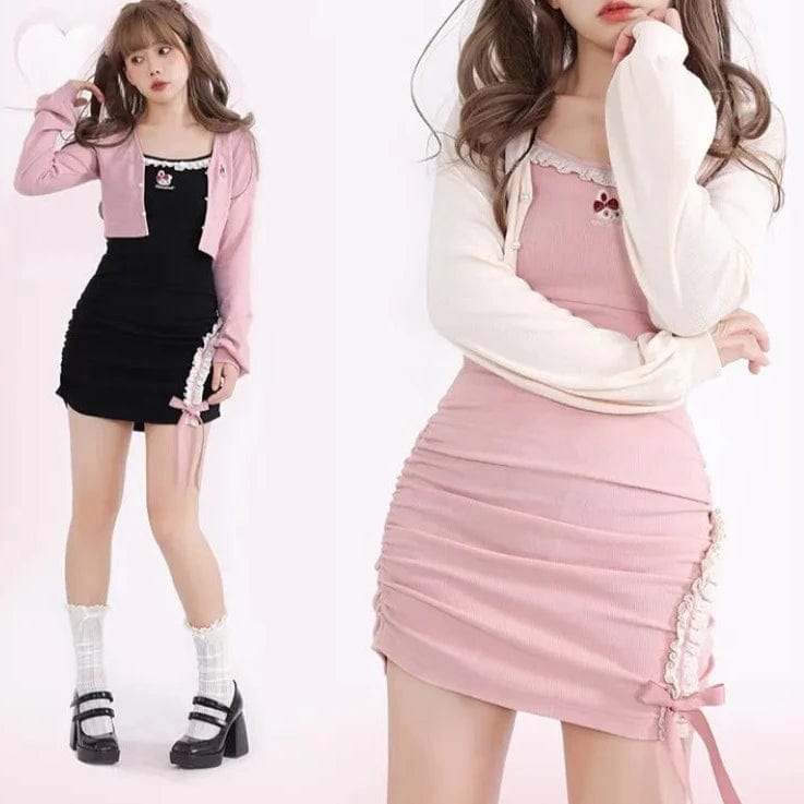 Kinky Cloth Cardigan + Ruched Mini Lace Dress