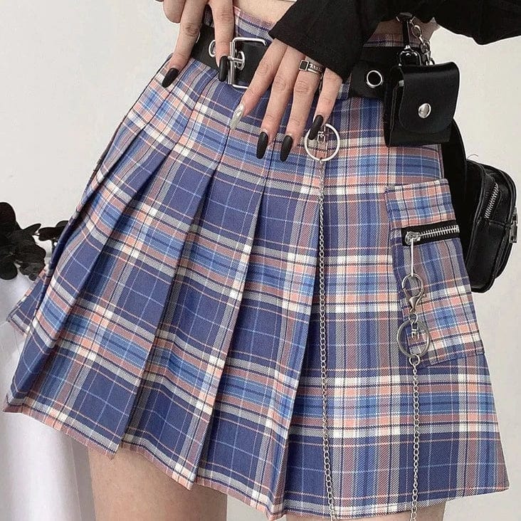 Kinky Cloth Chain Pocket Plaid Mini Skirts