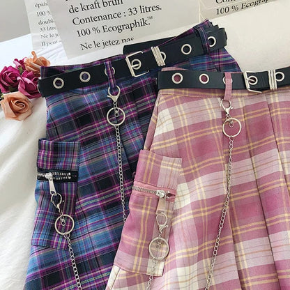 Kinky Cloth Chain Pocket Plaid Mini Skirts
